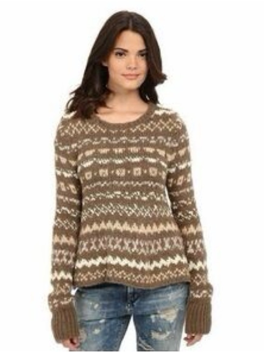 Free People Throuh the Storm Brown Fair Isle Crewneck Peplum Sweater. Size XS